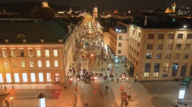 Vilnius 'ta Devlet Günü' nün Yenilenmesi 'nin havadan gece görüntüsü. Şenlik ateşi 16 Şubat 'ta şenlik gecesi Gediminas Bulvarı' nda yakılır..