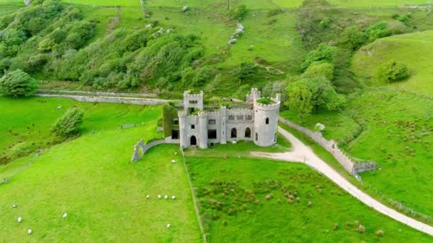 Αεροφωτογραφία Του Κάστρου Clifden Ερειπωμένο Αρχοντικό Στέκεται Στο Διάσημο Sky — Αρχείο Βίντεο