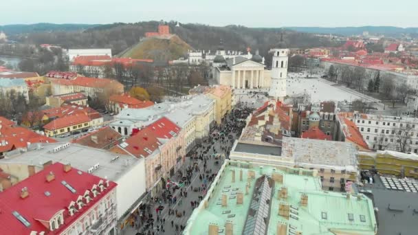 ヴィリニュス リトアニア February 2020 ヴィリニュスの州の復興の祝賀に参加する何百人もの人々の空想的な眺め ボンファイアは2月16日にゲディミナス通りで点灯する — ストック動画