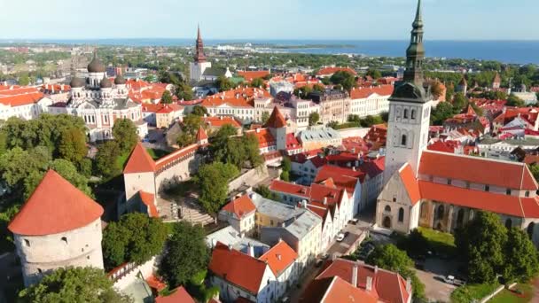 Iconisch Uitzicht Skyline Van Tallinn Old Town Zomerochtend Olafs Michaels — Stockvideo