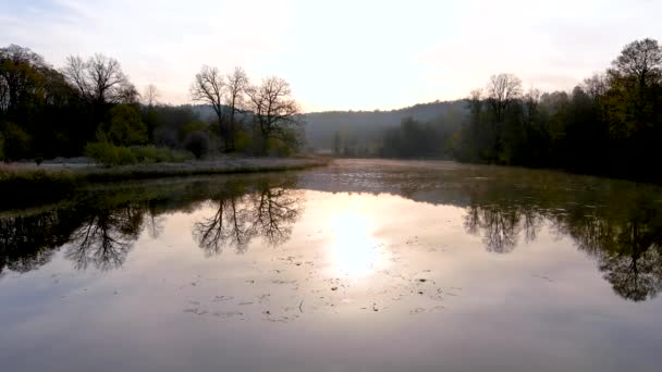 Cedo Frio Ensolarado Outono Manhã Vista Lago Cena Floresta Nebulosa — Vídeo de Stock