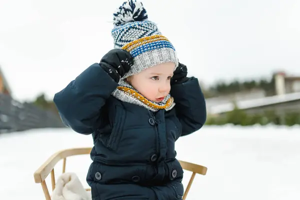 Забавный Малыш Веселится Санями Красивом Зимнем Парке Милый Ребенок Играющий — стоковое фото