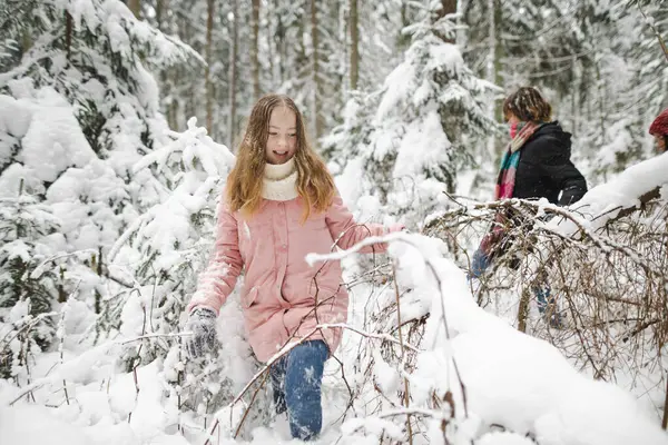 Hauska Teini Sisaret Hauskaa Kävellä Lumen Peitossa Mäntymetsässä Kylmänä Talvipäivänä — kuvapankkivalokuva