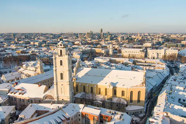 Aerial night view of church of the Ascension of the Lord in Vilnius, Lithuania. Beautiful sunny Vilnius city scene in winter. Winter city scenery in Lithuania.