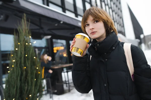 Cute Teenage Girl Takeaway Coffee Cup Cold Winter Day Teenager — Stock Photo, Image