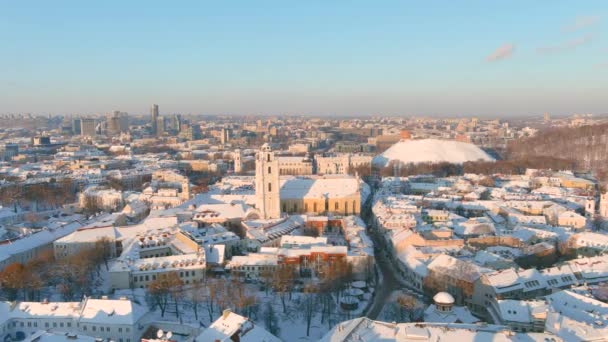 美丽的阳光明媚的维尔纽斯市冬季风景 空中夜景 立陶宛维尔纽斯冬季城市风景 — 图库视频影像