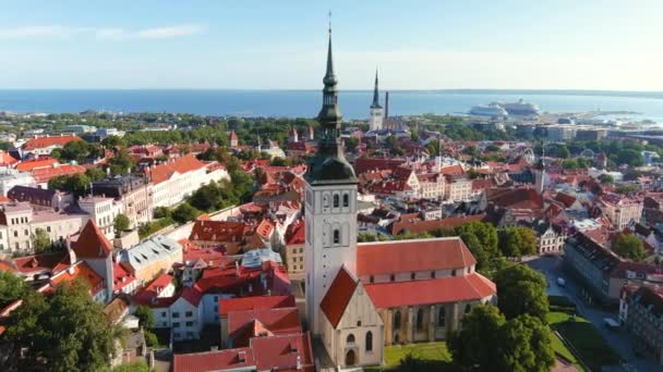 Aerial Orbit View Michaels Church Tallinn Old Town Sunny Summer — Stock Video