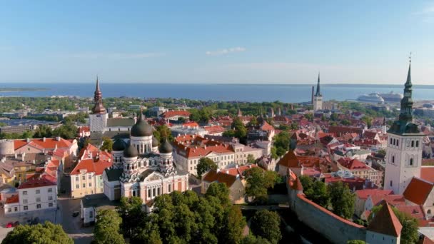 Ikonický Letecký Panoramatický Výhled Tallinn Old Town Létě Ráno Kostely — Stock video