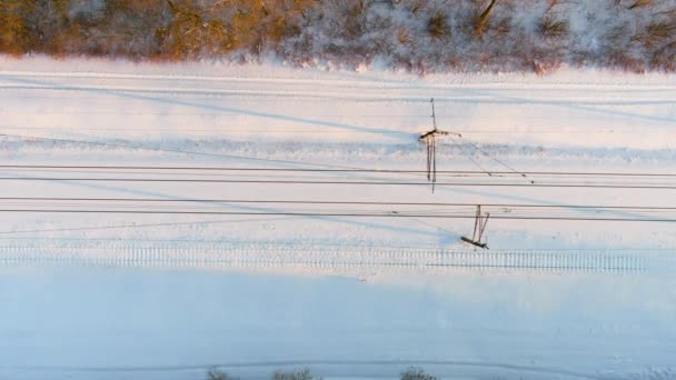 Aerial Top Sunset View Railroad Pine Forests Winter Winter Scenery — Stock Video