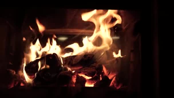 Płonące Kłody Ognia Wewnątrz Kamiennego Kominka Święta Domu Płonący Ogień — Wideo stockowe