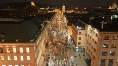 VILNIUS, LITHUANIA - 16 Şubat 2022: Vilnius 'ta Devlet Günü' nün Restorasyonu 'nun havadan gece görüşü. Şenlik ateşi 16 Şubat 'ta şenlik gecesi Gediminas Bulvarı' nda yakılır..