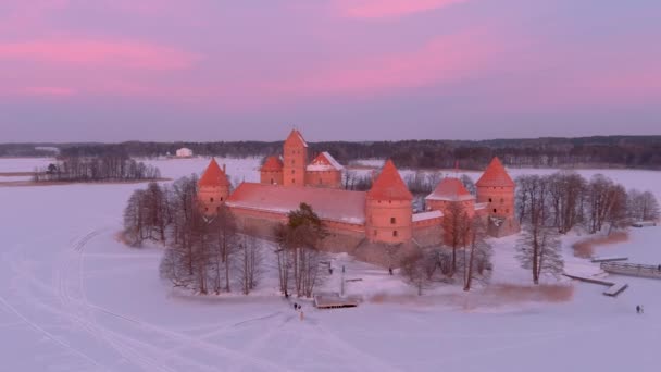 Beautiful Aerial Evening View Trakai Island Castle Located Trakai Lithuania — Stock Video