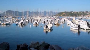 İtalya 'nın Riviera bölgesinin bir parçası olan Liguria' nın La Spezia eyaletindeki Lerici kasabasındaki küçük yat ve balıkçı tekneleri.