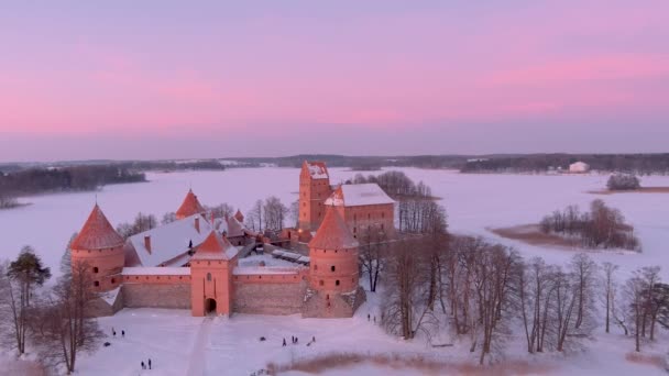 Vacker Antenn Omloppsbana Kväll Utsikt Över Trakai Island Castle Som — Stockvideo