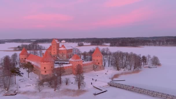 Beautiful Aerial Orbit Evening View Trakai Island Castle Located Trakai — Stock Video