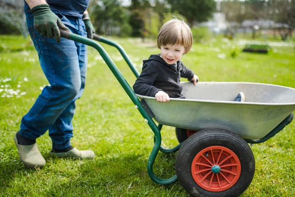 Bonita Criança Loira Montando Carrinho Mão Jardim Criança Ajudando Pais — Fotografia de Stock