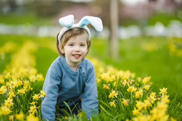 Cute Toddler Boy Wearing Bunny Ears Having Fun Rows Beautiful — Stock Photo, Image