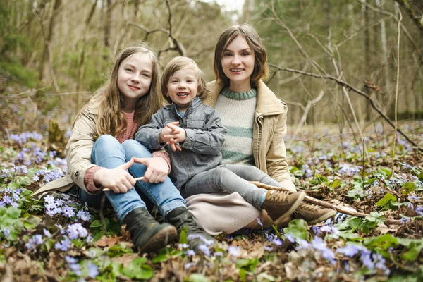 美しい晴れた春の日に森の中でハイキング中に楽しい時間を過ごしている2人の姉妹とその弟 子供とのアクティブな家族のレジャー 自然を探検する子供たち — ストック写真