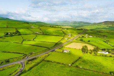 İrlanda 'nın Dingle Yarımadası' nın uçsuz bucaksız yemyeşil otlakları ve tarım arazileri. Zümrüt yeşili tarlaları ve çayırları olan güzel İrlanda kırsalları. Gün batımında kırsal alan.