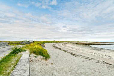 İrlanda 'nın Galway Körfezi' ndeki en büyük Aran Adaları 'ndan biri olan Inishmore' daki geniş kumlu Fransız plajı..