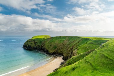 Silver Strand yakınlarında koyun otlaması, güneybatı County Donegal 'de, Malin Beg' de, Glencolmcille yakınlarında, at nalı şeklinde korunaklı bir körfezde kumlu bir sahil. Vahşi Atlantik Yolu, İrlanda.