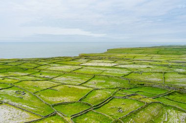 Inishmore veya Inis Mor, Galway Bay, İrlanda Aran Adaları en büyük havadan görünümü. Güçlü İrlanda kültürü, İrlanda diline sadakati ve antik kentlerin zenginliği ile ünlüdür..