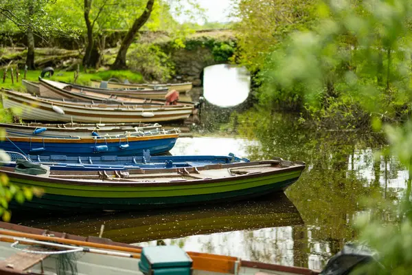 Assorted boats for rent tied to small pier on Lough Leane, the largest and northernmost of the three lakes of Killarney National Park, County Kerry, Ireland