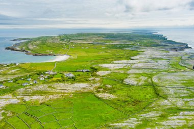 Inishmore veya Inis Mor, Galway Bay, İrlanda Aran Adaları en büyük havadan görünümü. Güçlü İrlanda kültürü, İrlanda diline sadakati ve antik kentlerin zenginliği ile ünlüdür..