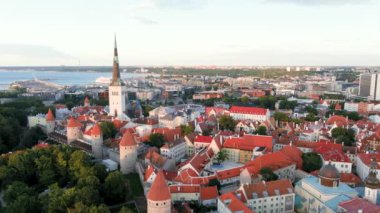 Güneşli bir yaz akşamında Tallinn Old Town ve Toompea Hill 'in ikonik gökyüzü manzarası. Stenbock Evi, Patkuli izleme platformu, savunma duvarları, çatılar. UNESCO Dünya Mirası sahası, Estonya