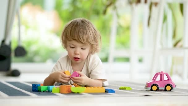 家の床に置かれたレゴのプラスチック ブロックの構造と遊ぶかわいい幼い男の子 デイタイムケアクリエイティブ活動 おもちゃで楽しんでいる子供たち 教育学習ゲーム ファミリーレジャーインドア — ストック動画