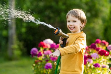 Yaz günü bahçede çiçek tarhlarını sulayan tatlı bir çocuk. Çocuk sebzeleri sulamak için bahçe hortumu kullanıyor. Çocuk günlük ev işlerine yardım ediyor. Annesinin küçük yardımcısı..
