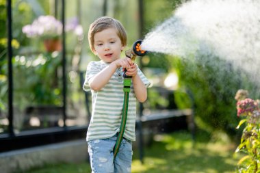 Yaz günü bahçede çiçek tarhlarını sulayan tatlı bir çocuk. Çocuk sebzeleri sulamak için bahçe hortumu kullanıyor. Çocuk günlük ev işlerine yardım ediyor. Annesinin küçük yardımcısı..
