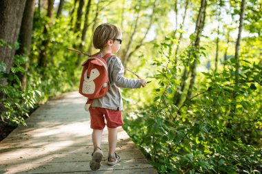 Sırt çantalı şirin bir çocuk güneşli bir yaz gününde dışarıda eğleniyor. Doğayı keşfeden çocuk. Çocuk seyahate çıkıyor. Çocuklu aileler için yaz etkinlikleri.