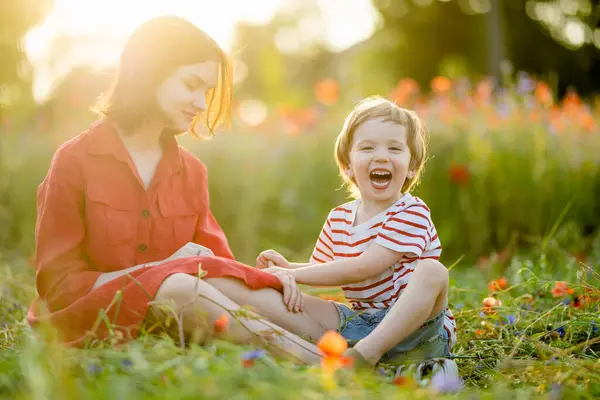 美しい十代の少女と彼女の幼い弟は晴れた夏の日にポピーと花を咲かせたポピーを賞賛しています ストック写真