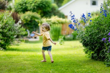Sevimli küçük çocuk güneşli bir yaz gününde dışarıda eğleniyor. Çocuk dışarıda koşuyor. Doğayı keşfeden çocuk. Küçük çocuklar için yaz etkinlikleri.