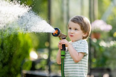 Yaz günü bahçede çiçek tarhlarını sulayan tatlı bir çocuk. Çocuk sebzeleri sulamak için bahçe hortumu kullanıyor. Çocuk günlük ev işlerine yardım ediyor. Annesinin küçük yardımcısı..