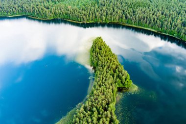 Sciuro Ragas yarımadasının manzaralı manzarası, Beyaz Lakajai ve Siyah Lakajai göllerini ayırır. Labanoras Bölgesel Parkı 'ndaki göllerin ve ormanların resimli manzarası. Litvanya 'nın doğal güzelliği.