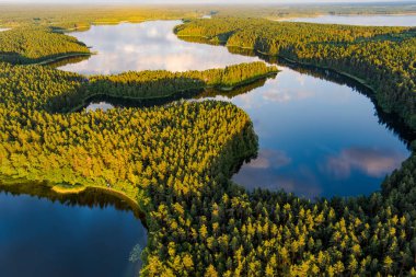 Sciuro Ragas yarımadasının manzaralı manzarası, Beyaz Lakajai ve Siyah Lakajai göllerini ayırır. Labanoras Bölgesel Parkı 'ndaki göllerin ve ormanların resimli manzarası. Litvanya 'nın doğal güzelliği.