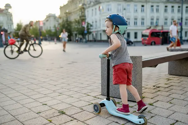 Adorable Toddler Boy Riding His Scooter City Sunny Summer Evening — Stock Photo, Image