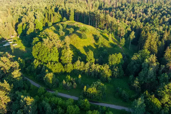 晴れた夏の日 ヴィリニュスの近くのニリス地域公園に位置する緑の木に囲まれたシュタリウス山の風光明媚な空中眺望 リトアニアのランドマークと目的地の景観 ロイヤリティフリーのストック写真