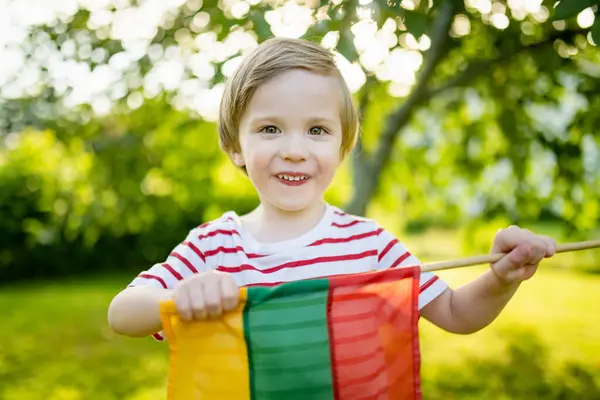 Aranyos Kisfiú Trikolor Litván Zászlóval Litván Államiság Napján Vilnius Litvánia Stock Kép