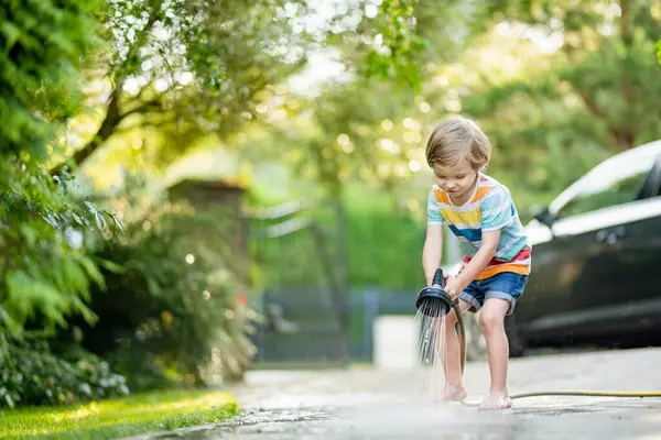 Cute Little Boy Playing Garden Hose Hot Summer Day Child Stock Photo