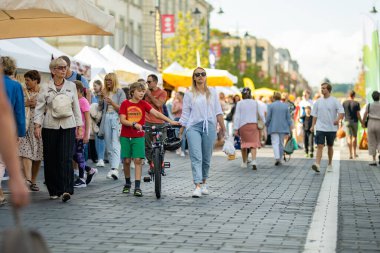 VILNIUS, LITHUANIA - 3 Eylül 2023: Litvanya ulusal topluluklarından ustaların sanatlarını, zanaatlarını, ulusal gelenekleri ve geleneklerini sundukları yıllık Uluslar Fuarı 'na katılan insanlar.
