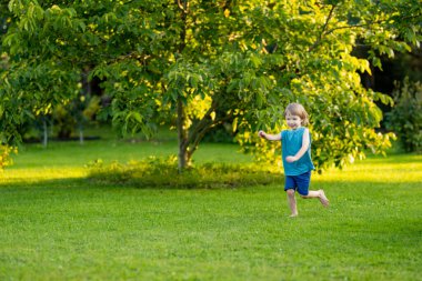 Sevimli küçük çocuk güneşli bir yaz gününde dışarıda eğleniyor. Çocuk dışarıda koşuyor. Doğayı keşfeden çocuk. Küçük çocuklar için yaz etkinlikleri.