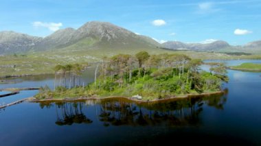 Twelve Pines Adası 'nın havadan görünüşü, On İki İğne veya On İki Bens adı verilen bir dağ sırasının keskin zirveleri tarafından oluşturulan muhteşem bir arka planda duruyor. Yaz manzarası. Connemara, Co. Galway, İrlanda
