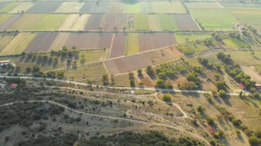 Moreloponnese 'deki tarım arazilerinin yukarıdan aşağı görüntüsü. Farklı yeşil ve sarı renkli tarımsal ürünlerin soyut geometrik şekilleri. Güneşli bir yaz akşamı. Yunanistan.