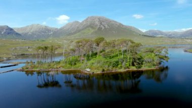 Twelve Pines Adası 'nın havadan görünüşü, On İki İğne veya On İki Bens adı verilen bir dağ sırasının keskin zirveleri tarafından oluşturulan muhteşem bir arka planda duruyor. Yaz manzarası. Connemara, Co. Galway, İrlanda