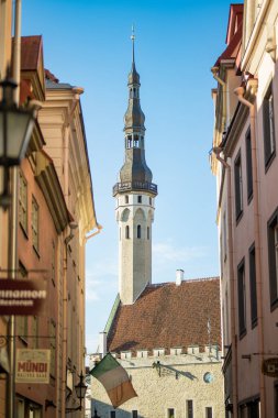 TALLINN, ESTONIA - 10 Ağustos 2023: Tallinn Eski Kenti veya Tallinna Vanalinn 'in renkli ortaçağ sokakları, UNESCO Dünya Mirasları Listesi' ne yaz günü dahil edildi.