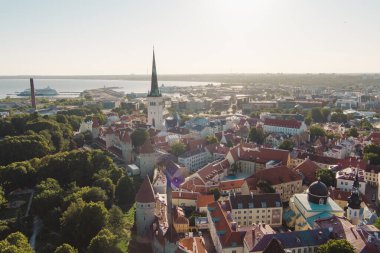 Güneşli bir yaz sabahında Tallinn Eski Kasabası 'nın ikonik gökyüzü manzarası. St. Olaf Kilisesi, St. Michael Kilisesi, Alexander Nevsky Katedrali, savunma duvarları, çatılar. UNESCO Dünya Mirası sahası, Estonya