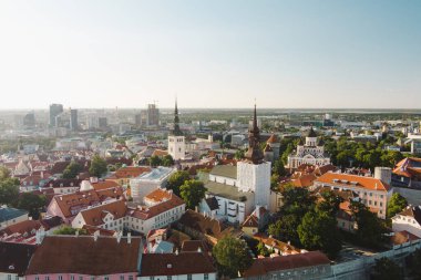 Güneşli bir yaz sabahında Tallinn Eski Kasabası 'nın ikonik gökyüzü manzarası. St. Olaf Kilisesi, St. Michael Kilisesi, Alexander Nevsky Katedrali, savunma duvarları, çatılar. UNESCO Dünya Mirası sahası, Estonya